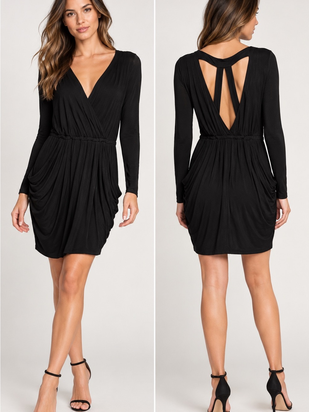 BCBG Generation Black Long Sleeve Ruched Wrap Style Dress Size L